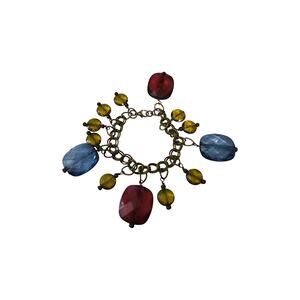 Vintage 80s Blue Red Gold Faceted Lucite Charm Brass Chain Link Bracelet